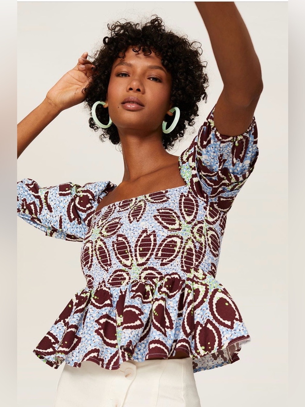 Autumn Adeigbo~Light Blue & Brown Smocked Peplum Square-Neck Top~Size 6~$388~
